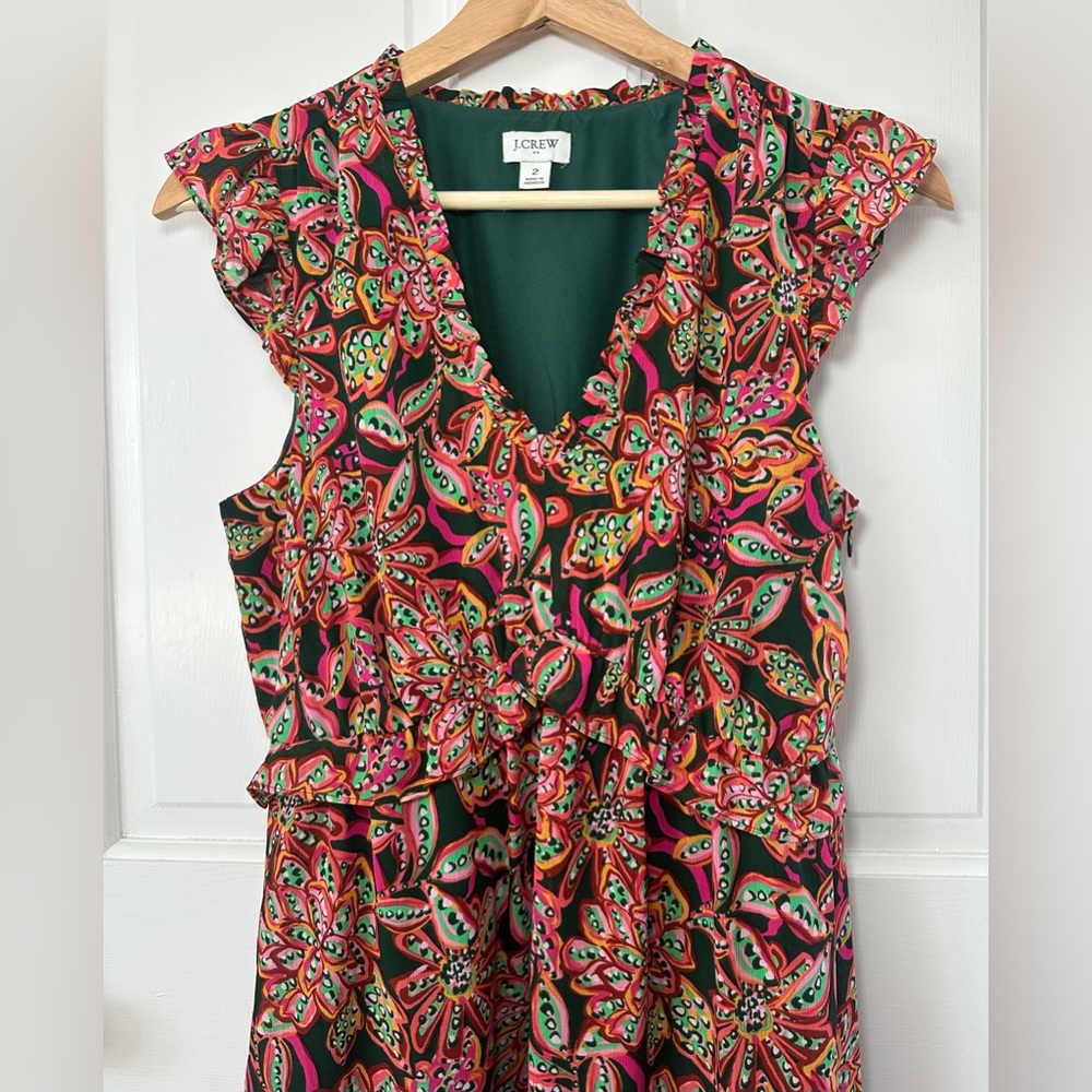 J. CREW Ruffle V-Neck Mini Dress Tropical Floral Print Size 2 - Picture 5 of 14